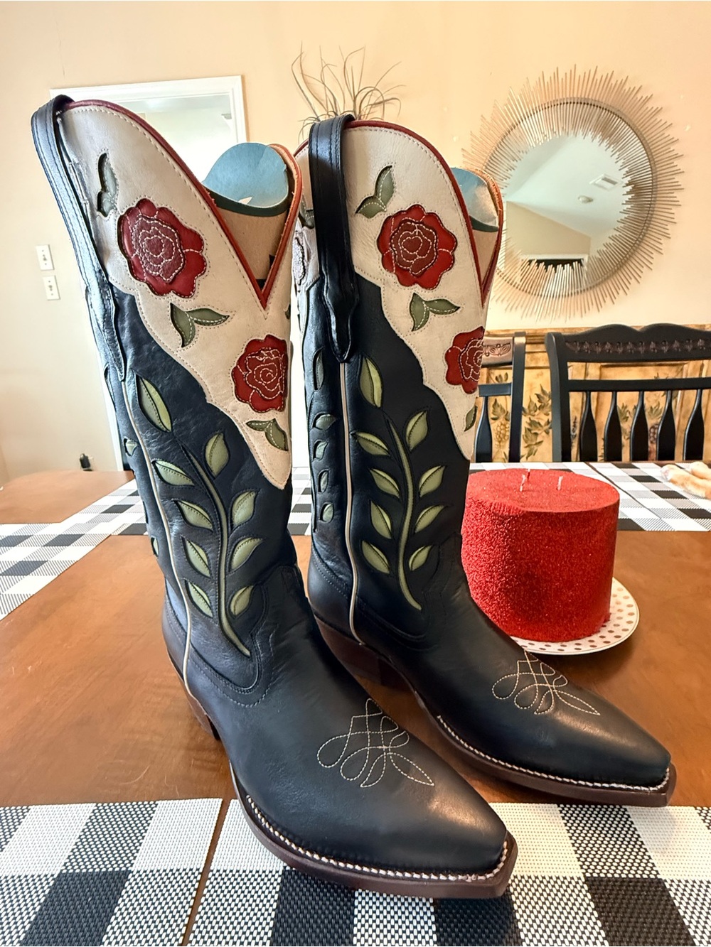 Tecovas Black Leather Women's Cowboy Boots with Red Rose Embroidery scarf.